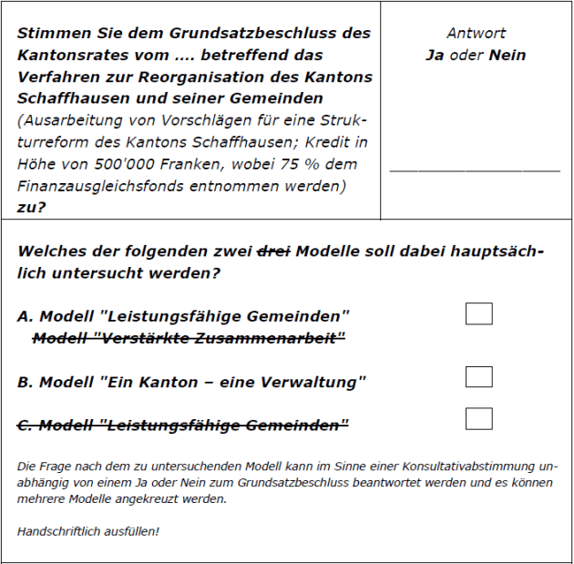 Entwurf des Stimmzettels zur Konsultativabstimmung, welche das Bundesgericht aufgehoben hat